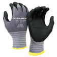Introducing the Pyramex Corxcel Micro-Foam Nitrile Gloves GL601 from Pyramex Safety—these gray and black work gloves are designed with textured gripping palms to maximize grip. They feature a stylish yellow trim at the cuffs, along with distinctive text and logos on the back for both style and functionality.