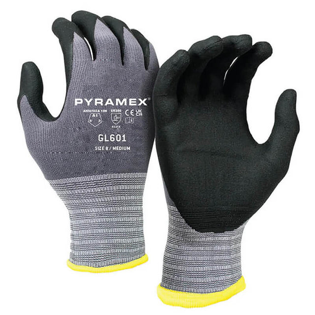 Introducing the Pyramex Corxcel Micro-Foam Nitrile Gloves GL601 from Pyramex Safety—these gray and black work gloves are designed with textured gripping palms to maximize grip. They feature a stylish yellow trim at the cuffs, along with distinctive text and logos on the back for both style and functionality.