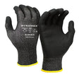 A pair of Pyramex CorXcel Micro-Foam Nitrile Gloves GL603C5 in black, featuring a gray knitted texture and rubber-coated palms for enhanced grip. These cut-resistant gloves are engineered for additional protection with their micro-foam nitrile design. Brand and specifications are clearly marked with symbols and text on the back of each glove.