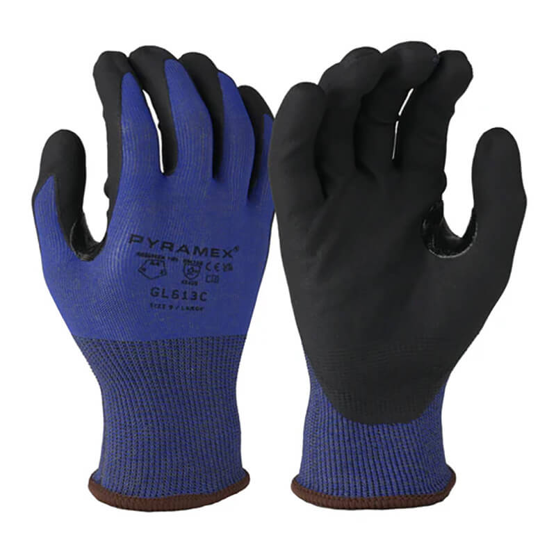 A pair from the Pyramex GL613C Series by Pyramex Safety, these versatile nitrile gloves feature a blue design with black grip surfaces and an HPPE liner. They display the "Pyramex" branding and model details on the back, include touchscreen capability, and are shown against a white background.