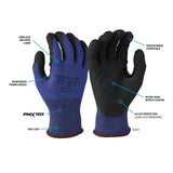 The Pyramex GL613C Series Nitrile Gloves by Pyramex Safety feature blue/black coloring, a cut-resistant liner, reinforced thumb saddle, knit cuff, touchscreen capability, and a micro-foam nitrile coating. Sold in packs of 12 pairs.