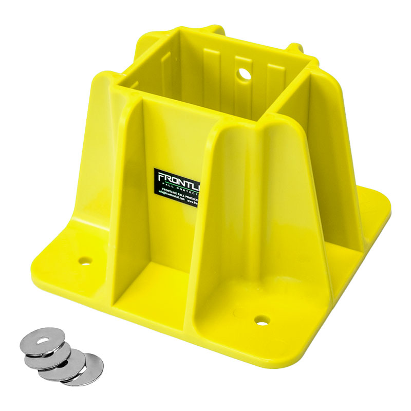 The Frontline Safety Guardrail Boot Base w/Hardware GPB200 by Frontline Fall Protection is a yellow post holder featuring four mounting holes, a square center opening, and four metal washers—perfect for perimeter protection and safety guardrail installations.