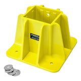 The Frontline Safety Guardrail Boot Base w/Hardware GPB200 by Frontline Fall Protection is a yellow post holder featuring four mounting holes, a square center opening, and four metal washers—perfect for perimeter protection and safety guardrail installations.