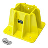 The Frontline Safety Guardrail Boot Base w/Hardware GPB200 by Frontline Fall Protection is a yellow post holder featuring four mounting holes, a square center opening, and four metal washers—perfect for perimeter protection and safety guardrail installations.