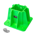 A green Frontline Safety Guardrail Boot Base w/Hardware GPB200 by Frontline Fall Protection sits on a white background with four metal washers. It has a square center cavity and reinforcing ribs, ideal for safety guardrail applications.