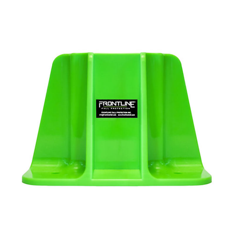 The Frontline Safety Guardrail Boot Base w/Hardware GPB200 by Frontline Fall Protection is a bright green plastic holder with side flaps, designed to stabilize sandbags for perimeter safety and protection.