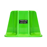 The Frontline Safety Guardrail Boot Base w/Hardware GPB200 by Frontline Fall Protection is a bright green plastic holder with side flaps, designed to stabilize sandbags for perimeter safety and protection.