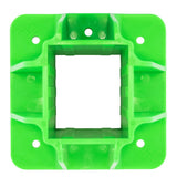 The Frontline Fall Protection Guardrail Boot Base w/Hardware GPB200 is a bright green, square plastic base with a hollow center and four corner screw holes for perimeter protection, shown from above on a white background.