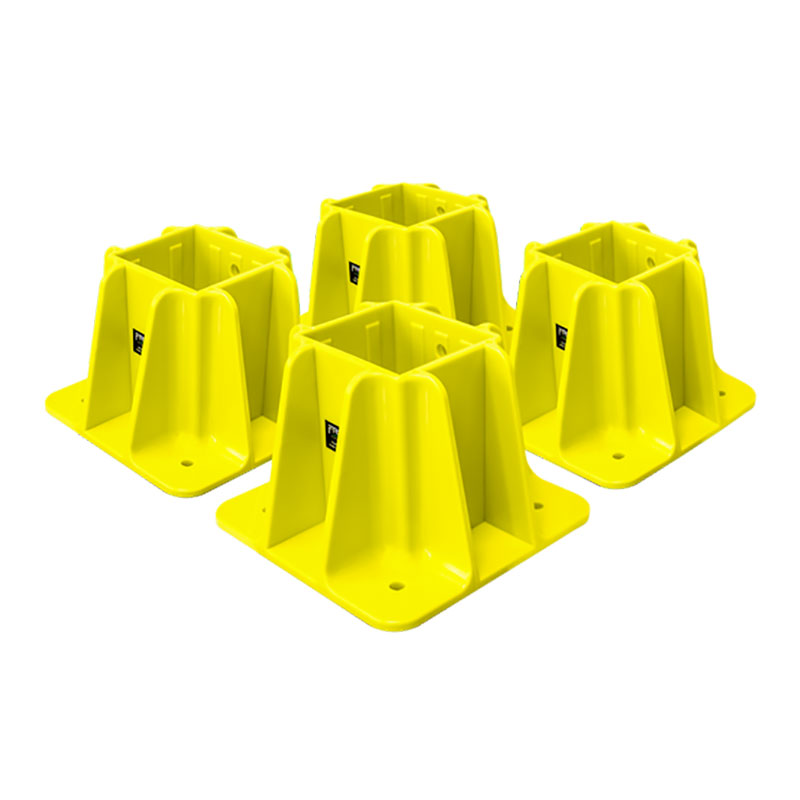Four Frontline Safety Guardrail Boot Base w/Hardware GPB200 by Frontline Fall Protection, square-shaped and yellow, provide reliable perimeter protection. Four units are shown arranged on a white background.