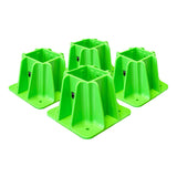 Four Frontline Safety Guardrail Boot Bases w/Hardware GPB200 by Frontline Fall Protection, bright green with wide rectangular bases, open square tops, and stabilizing supports—ideal for perimeter protection or safety guardrail systems.
