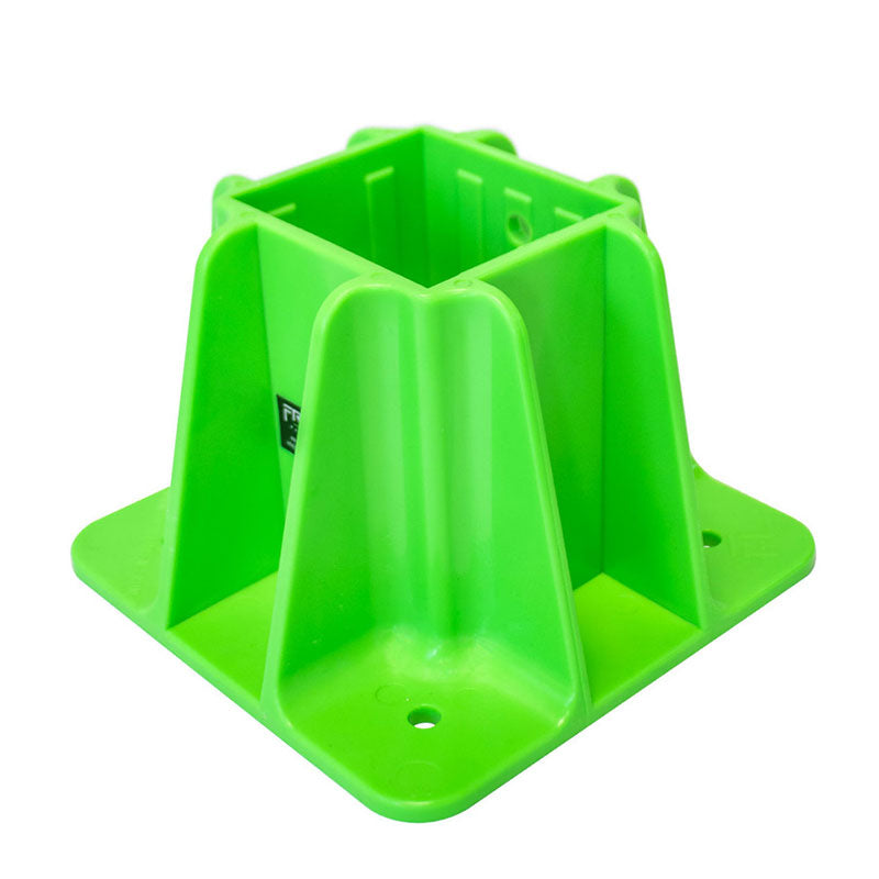 The Frontline Safety Guardrail Boot Base w/Hardware GPB200 by Frontline Fall Protection features a bright green square opening, four angled flanges with mounting holes, and a flat base—ideal for easy installation of safety guardrails and perimeter protection.