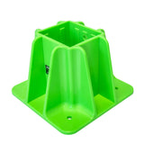 The Frontline Safety Guardrail Boot Base w/Hardware GPB200 by Frontline Fall Protection features a bright green square opening, four angled flanges with mounting holes, and a flat base—ideal for easy installation of safety guardrails and perimeter protection.