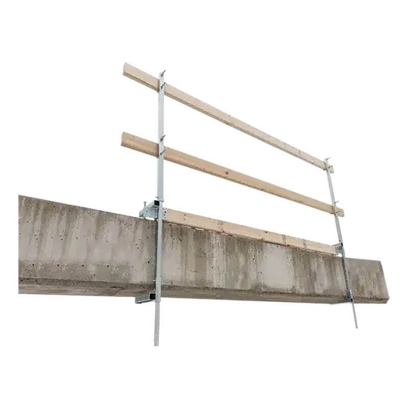 The French Creek Portable Guardrail System GR200 by French Creek Production, featuring a concrete parapet wall with metal clamps and wooden railings, is designed to enhance safety on construction sites. This essential fall prevention system stands isolated against a white background.