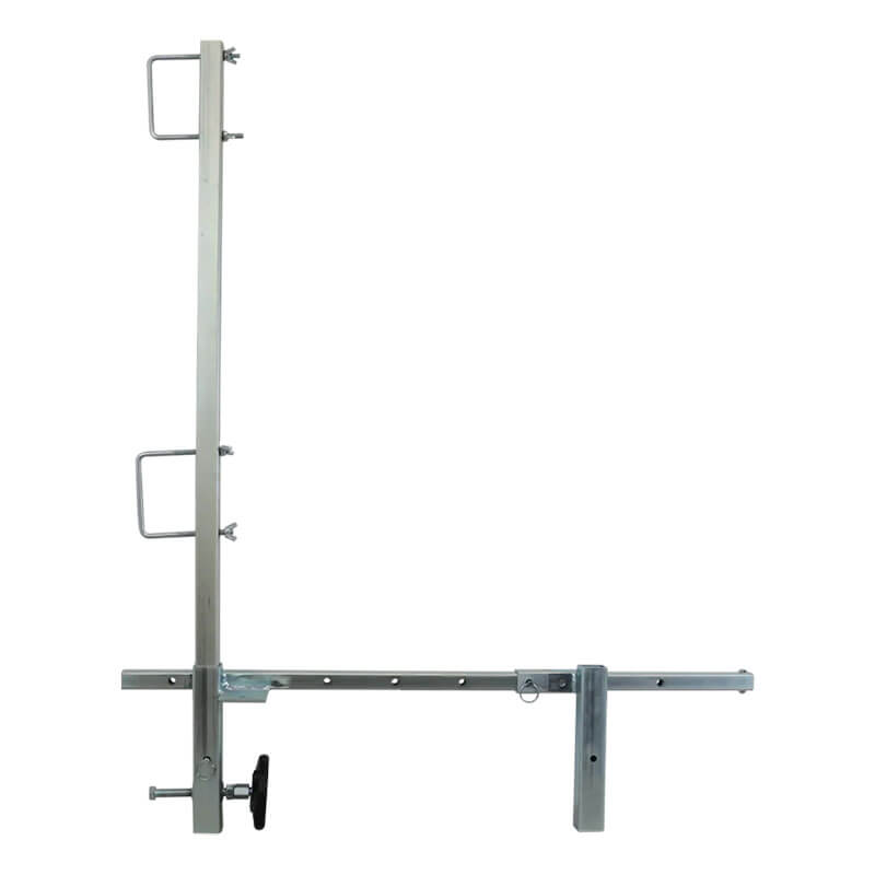 The French Creek Production Portable Guardrail System GR200 showcases a robust metal frame with both vertical and horizontal bars, equipped with various adjustable brackets and fasteners specifically designed for parapet installations. This system, set against a plain white background, offers reliable fall prevention.