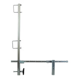 The French Creek Production Portable Guardrail System GR200 showcases a robust metal frame with both vertical and horizontal bars, equipped with various adjustable brackets and fasteners specifically designed for parapet installations. This system, set against a plain white background, offers reliable fall prevention.