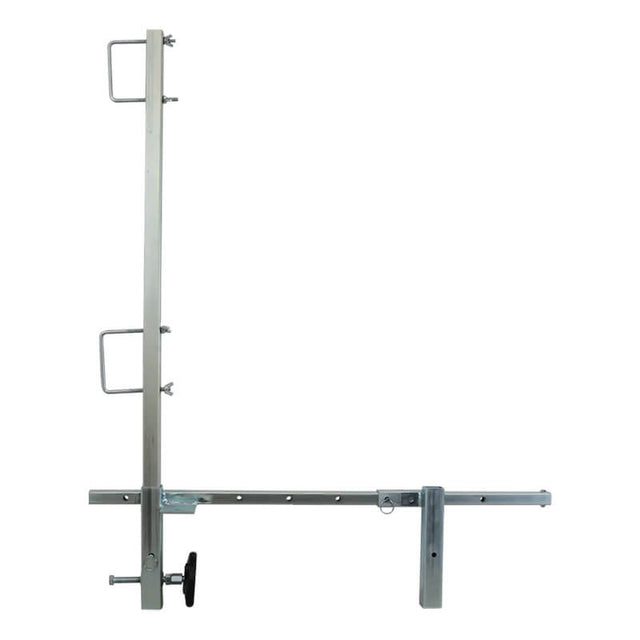 The French Creek Production Portable Guardrail System GR200 showcases a robust metal frame with both vertical and horizontal bars, equipped with various adjustable brackets and fasteners specifically designed for parapet installations. This system, set against a plain white background, offers reliable fall prevention.