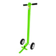 The Frontline Guardrail Base Lifting Dolly GUBDO by Frontline Fall Protection is a green ergonomic dolly with black handles, two small wheels, and a curved metal foot for easy lifting and moving of objects like fence posts or signs.