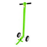 The Frontline Guardrail Base Lifting Dolly GUBDO by Frontline Fall Protection is a green ergonomic dolly with black handles, two small wheels, and a curved metal foot for easy lifting and moving of objects like fence posts or signs.