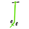 The Frontline Guardrail Base Lifting Dolly GUBDO by Frontline Fall Protection is a green ergonomic dolly with black handles, two small wheels, and a curved metal foot for easy lifting and moving of objects like fence posts or signs.