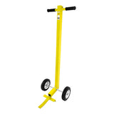 The Frontline Guardrail Base Lifting Dolly GUBDO by Frontline Fall Protection is a yellow, ergonomic wheeled tool with a long handle and black grips—perfect for easily lifting and moving heavy guardrail bases.