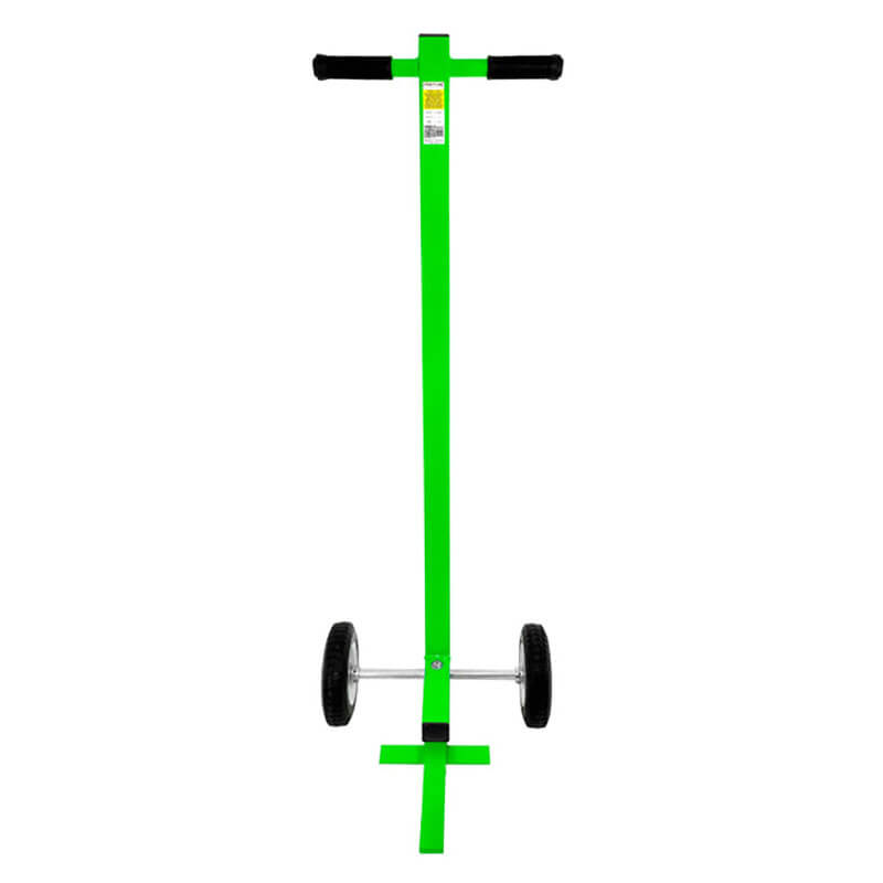 The Frontline Guardrail Base Lifting Dolly GUBDO by Frontline Fall Protection features a green body, black handles, two black tires, and a long straight frame, shown from above on a white background.