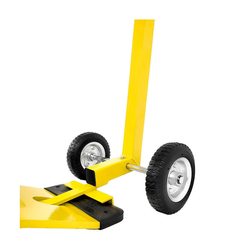 A close-up of the Frontline Guardrail Base Lifting Dolly GUBDO by Frontline Fall Protection, featuring yellow ergonomic design, black rubber wheels, and metal axle for moving heavy objects. The base and wheels are shown on a white background.