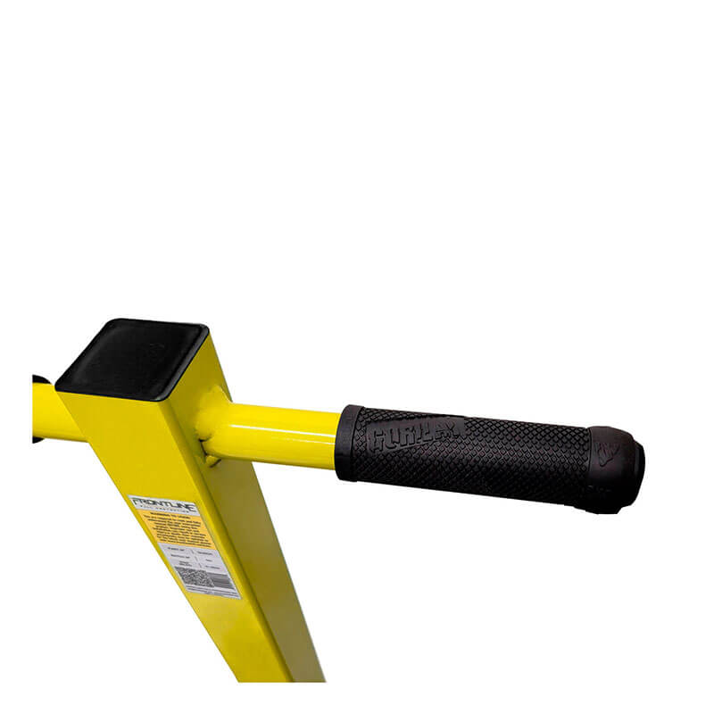 Close-up of a yellow metal handlebar with a black rubber grip labeled with "Frontline Fall Protection," part of the Frontline Guardrail Base Lifting Dolly GUBDO, shown against a white background.