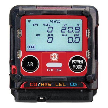 The PK Safety RKI GX-3R is a portable multi-gas monitor displaying CH₄, O₂, CO, and H₂S readings, featuring "AIR" and "POWER MODE" buttons and clear indicators—ideal for confined space detection.