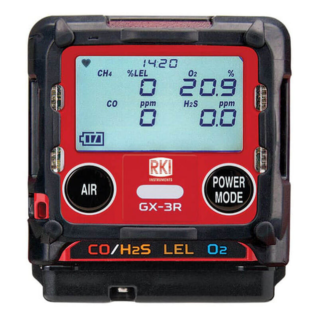 The PK Safety RKI GX-3R with Pump Bundle is a portable multi-gas monitor displaying CH₄, O₂, CO, and H₂S readings, featuring "AIR" and "POWER MODE" buttons and clear indicators—ideal for confined space detection.