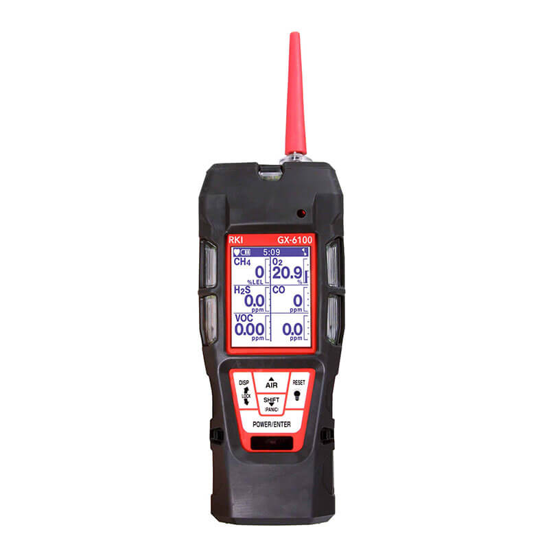 The RKI Instruments GX-6100 Sample Draw with PID 6 Gas Monitor (72-61A_ _X-C) is a handheld gas detector ideal for confined space entry, featuring a digital display, control buttons, and a distinctive black design with red and white accents.