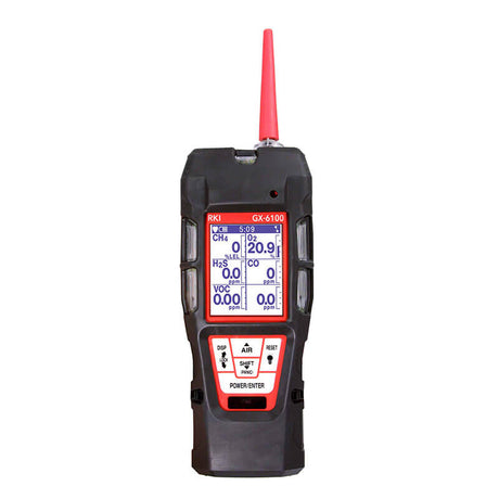The RKI Instruments GX-6100 Sample Draw with PID 6 Gas Monitor (72-61A_ _X-C) is a handheld gas detector ideal for confined space entry, featuring a digital display, control buttons, and a distinctive black design with red and white accents.