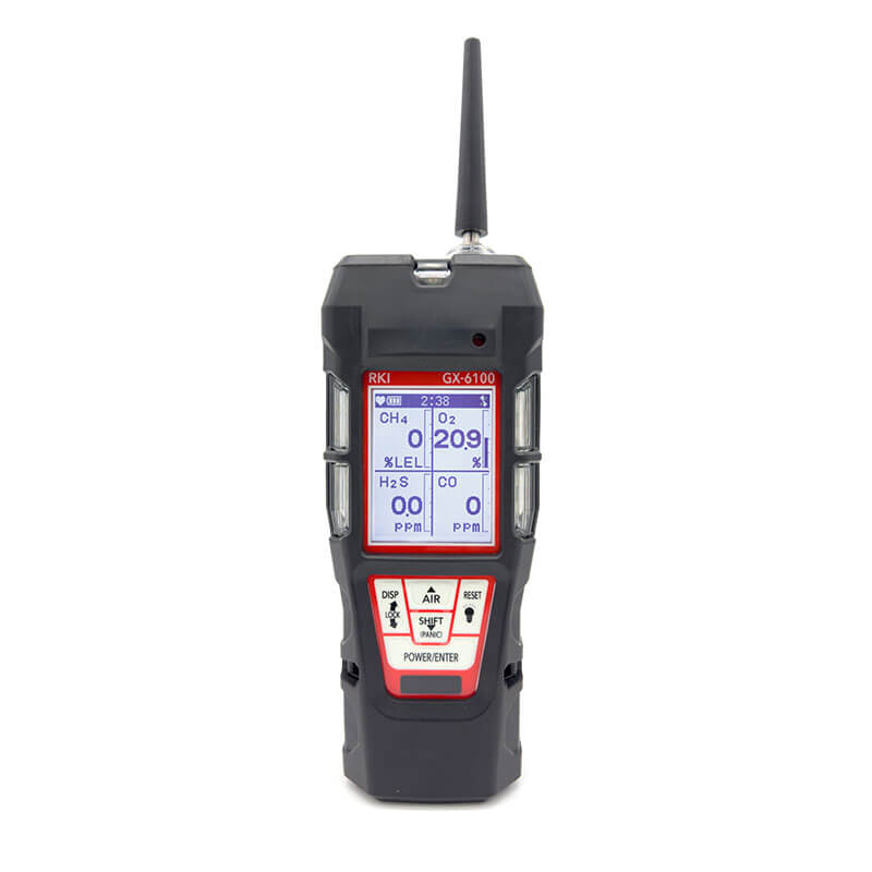 The RKI Instruments GX-6100 4-Gas Monitor w/TC Sensor (72-61AXXT-C) is a handheld confined space gas detector with a display for gas levels, control buttons below, and an antenna on top.