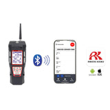 The RKI Instruments GX-6100 Sample Draw with PID 6 Gas Monitor connects via Bluetooth to a smartphone displaying sensor data. The image includes the RKI Instruments logo and Android/iOS compatibility icons.