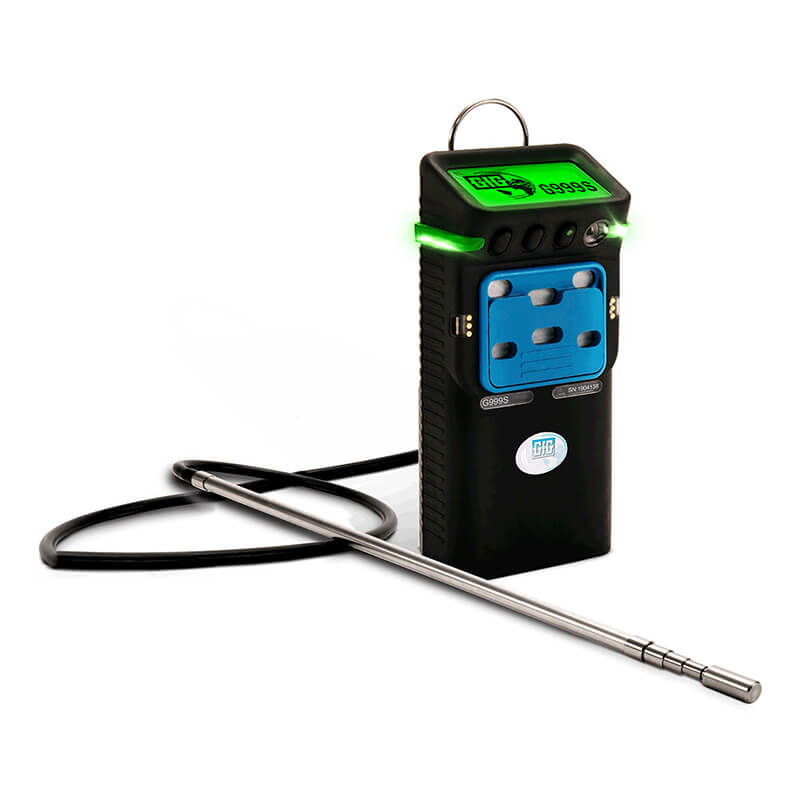 The GfG G999S 4 Gas Detector with Integrated Pump by GfG is a black handheld electronic device featuring a display screen, buttons, blue ports, and a long metal probe attached via cable—ideal for monitoring multi-gas hazards during confined space entry.