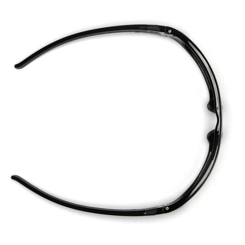 A pair of Pyramex Goliath Safety Glasses by Pyramex Safety is displayed from above, temples open and lenses facing down to form an oval—combining style and eye protection; available in boxes of 12.