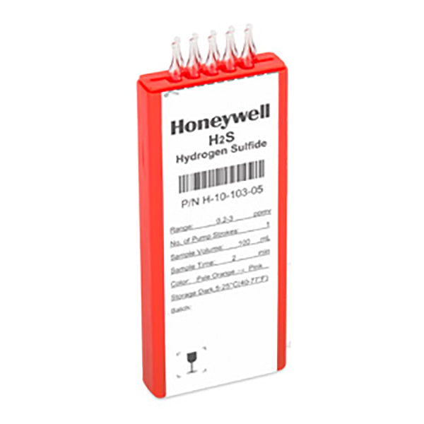 The Honeywell H2S 0.2 - 3 ppmv with Desiccant Tubes H-10-103-05 (5/Box) from PK Safety Supply is a red calibration cassette featuring five nozzles on top. It has a white label displaying product details and barcodes on the front, which ensures precise gas detection each time. It pairs perfectly with the Honeywell Piston Hand Pump for seamless operation.