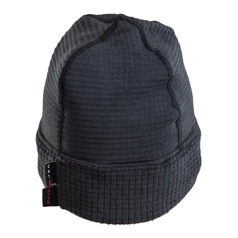 The NSA Power Grid FR Fleece Cap H01FWCAP from National Safety Apparel, Inc is a black, textured flame-resistant beanie featuring visible stitching and a small side tag. Its ribbed fabric is crafted for warmth and moisture-wicking properties. The beanie is displayed against a plain white background.