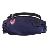 A navy blue waist pack with adjustable black strap, small external pocket, and red "DRIFIRE" flame logo—ideal for carrying your NSA DRIFIRE FR Heated Hand Warmer or rechargeable hand warmer wherever you go.
