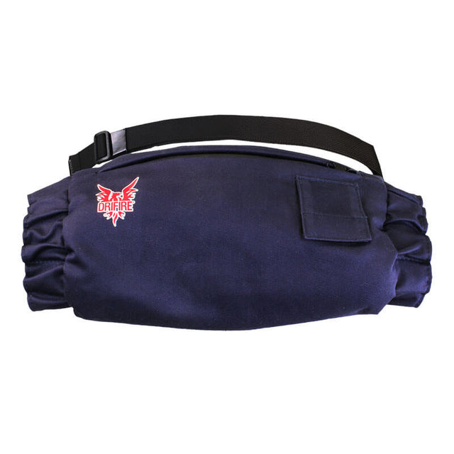 A navy blue waist pack with adjustable black strap, small external pocket, and red "DRIFIRE" flame logo—ideal for carrying your NSA DRIFIRE FR Heated Hand Warmer or rechargeable hand warmer wherever you go.