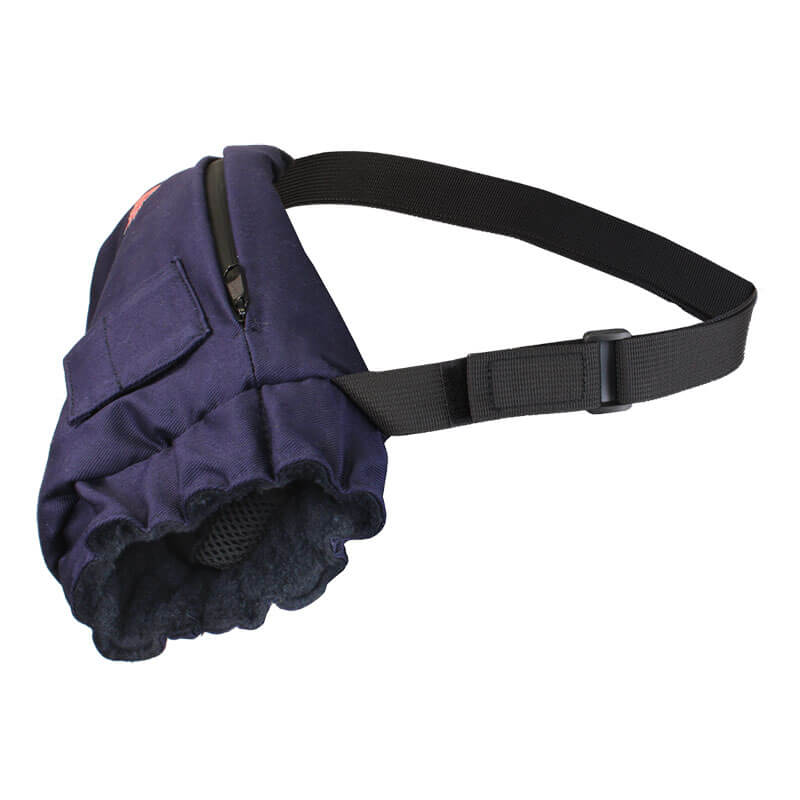 A dark blue dog muzzle with an adjustable black strap, zippered pocket, and small flap pocket—ideal for carrying essentials like your NSA DRIFIRE FR Heated Hand Warmer and fitting securely around your dog's snout.