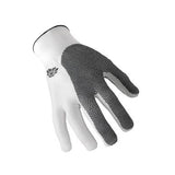 The HexArmor Cut Resistant Glove NXT 10-302, crafted by HexArmor with SuperFabric brand material for mechanical protection, is shown against a white background. This white glove includes a textured, dark-colored grip on the palm and fingers and bears a small black logo on the back of the hand.