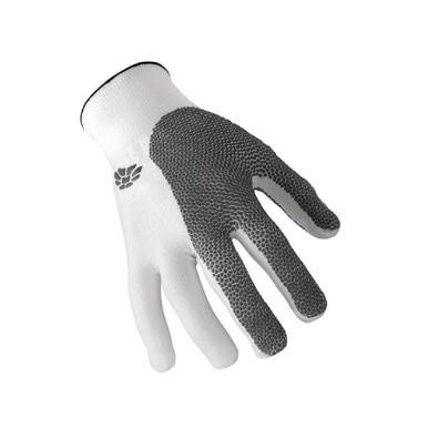 Introducing the HexArmor Cut Resistant Glove NXT 10-302, this single glove showcases a white fabric base with a textured gray grip covering the palm and fingers for superior cut resistance. Made with SuperFabric brand material, it includes a stylish black HexArmor logo on the upper side near the wrist, adding extra mechanical protection.