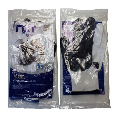 Two packaged pairs of HexArmor Cut Resistant Glove NXT 10-302, featuring the renowned SuperFabric brand material for exceptional cut resistance, are available. The left package depicts gloved hands holding silverware, while the right showcases a large black glove. Both packages provide unparalleled mechanical protection and remain sealed and unopened.