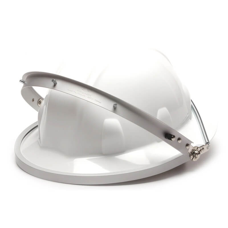The Pyramex Safety Aluminum Full Brim Hard Hat Adapter HHAAW is shown attached to a white hard hat, offering reliable head and face protection for construction or industrial use against a plain white background.