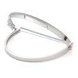 The Pyramex Safety Aluminum Full Brim Hard Hat Adapter HHAAW features an adjustable strap and front bar for attaching a clear visor, and functions as a face shield adapter compatible with various helmet systems.