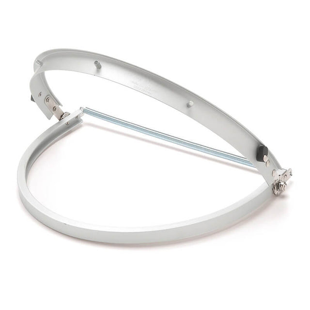 The Pyramex Safety Aluminum Full Brim Hard Hat Adapter HHAAW features an adjustable strap and front bar for attaching a clear visor, and functions as a face shield adapter compatible with various helmet systems.