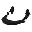 The Pyramex Safety Ridgeline Cap Style Hard Hat Adapter HHABCMR is a stylish black head-mounted device featuring two circular attachments designed to fit comfortably around the wearer's head. With its adjustable clamping mechanisms and hinges, this adapter offers versatility, making it ideal for integrating safety glasses or a face shield.