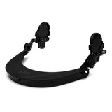 The Pyramex Safety Ridgeline Cap Style Hard Hat Adapter HHABCMR is a stylish black head-mounted device featuring two circular attachments designed to fit comfortably around the wearer's head. With its adjustable clamping mechanisms and hinges, this adapter offers versatility, making it ideal for integrating safety glasses or a face shield.
