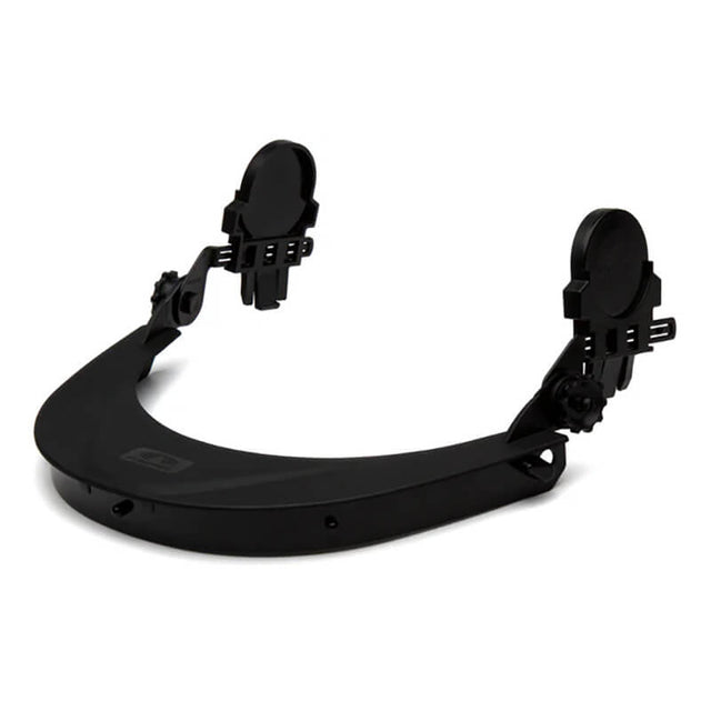 The Pyramex Safety Ridgeline Cap Style Hard Hat Adapter HHABCMR is a stylish black head-mounted device featuring two circular attachments designed to fit comfortably around the wearer's head. With its adjustable clamping mechanisms and hinges, this adapter offers versatility, making it ideal for integrating safety glasses or a face shield.
