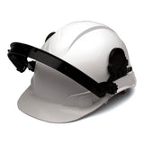 The Pyramex Ridgeline Cap Style Hard Hat Adapter HHABCMR by Pyramex Safety is a white helmet featuring a black adjustable visor attachment at the front, designed to protect the head in construction or industrial environments. It includes an adapter for seamless integration with your chosen safety glasses or face shield.